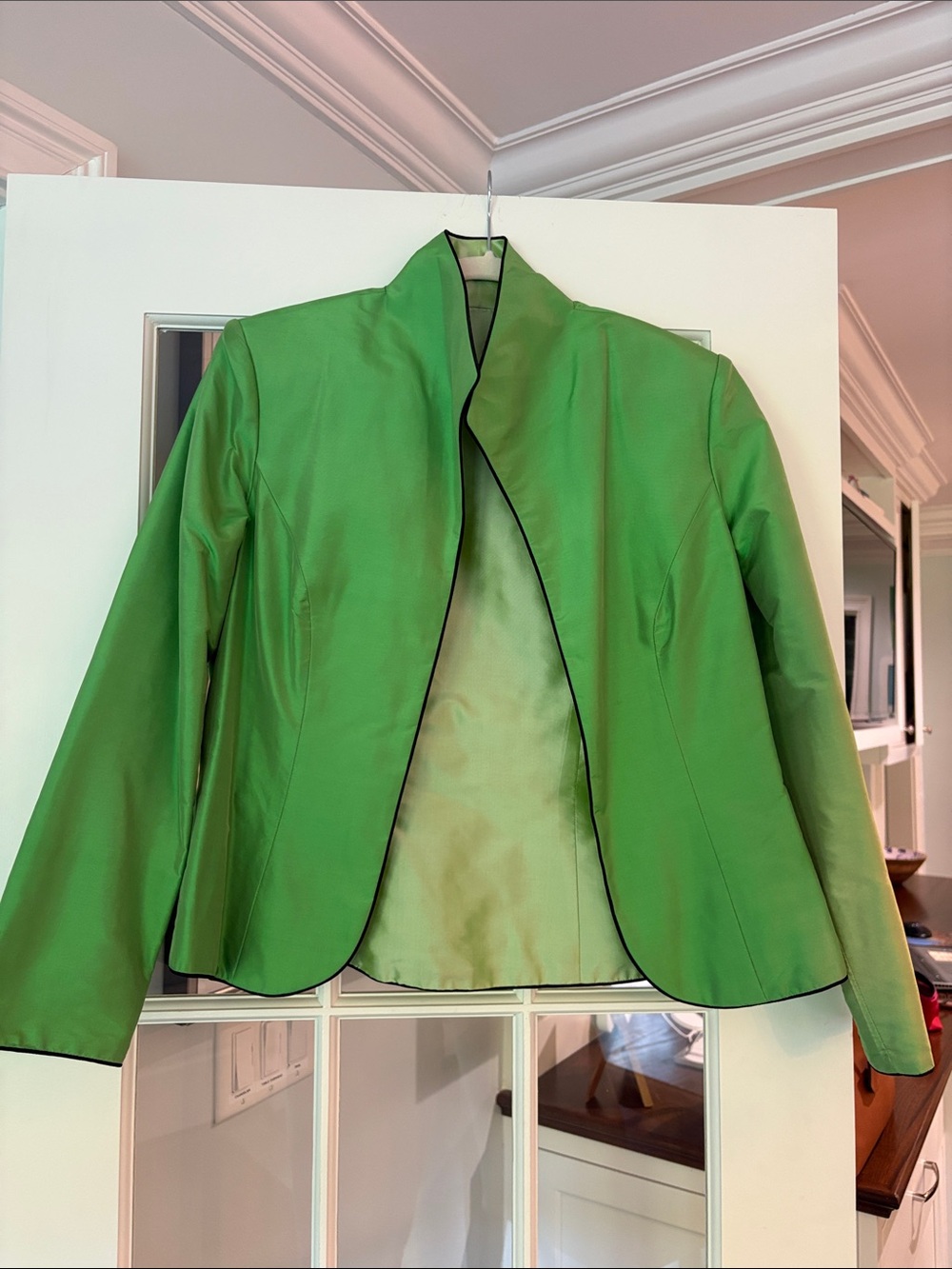 Custom made Women's Green Silk shantung Open-Front Blazer with Black Piping